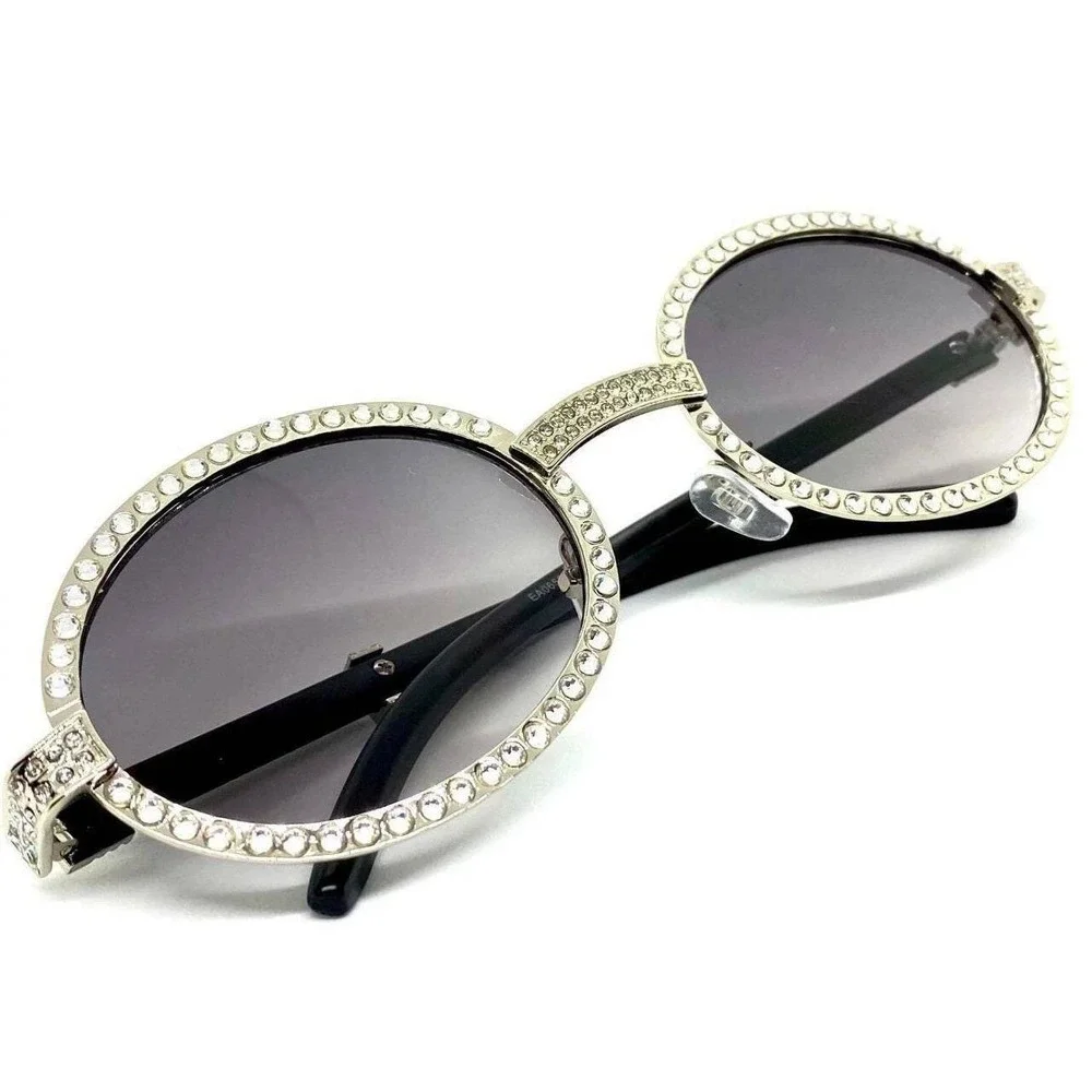 Rhinestone Sunglasses Silver Frame Black Lens Oval Frame Hiphop‎ Shades Men's